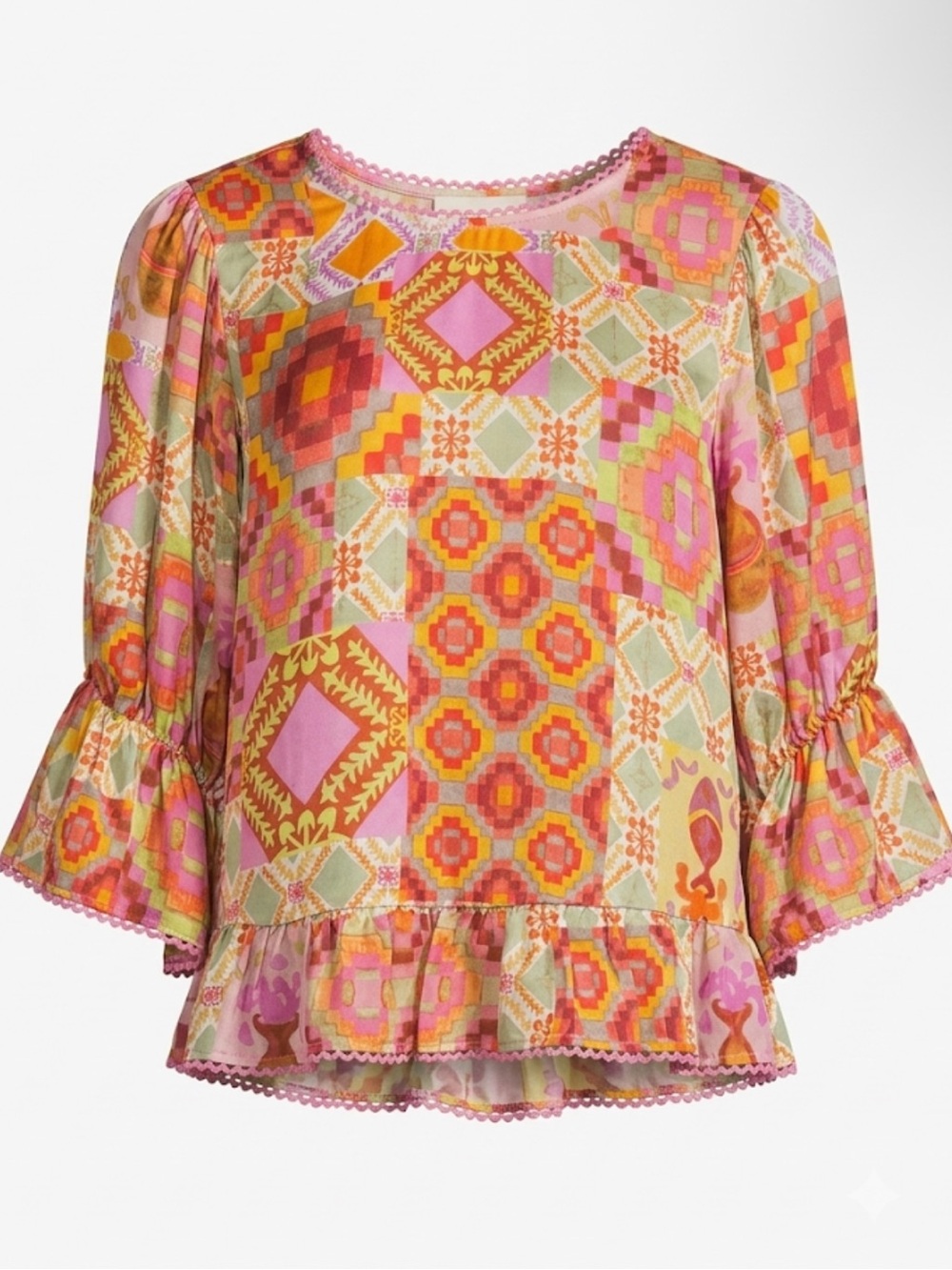 dRA Los Angeles Pink Patchwork Print Ruffle Blouse